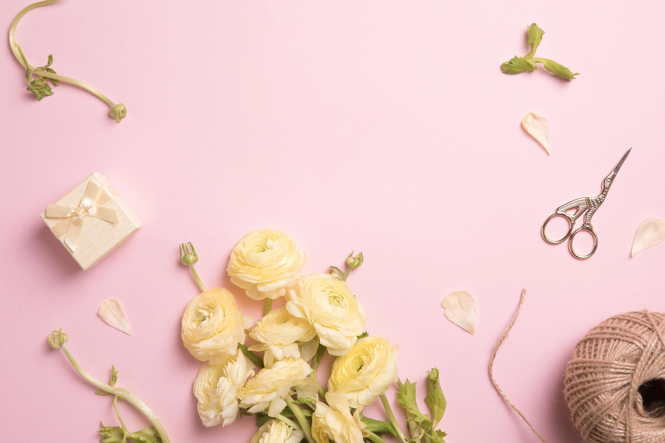 Pink floral flat lay with copy space